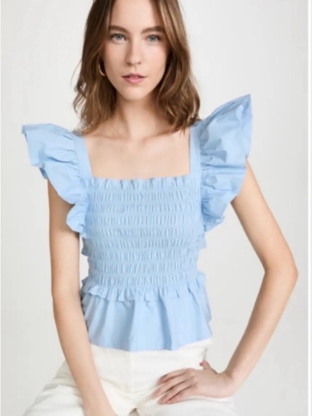Sea New York Light Blue Smocked Ruffle Peplum Top Size Medium